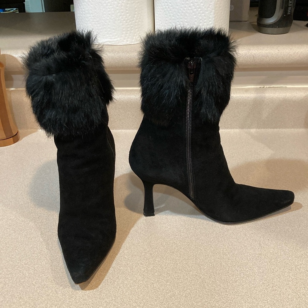Stuart Weitzman, black suede ankle boots with fur, size 5.5 B